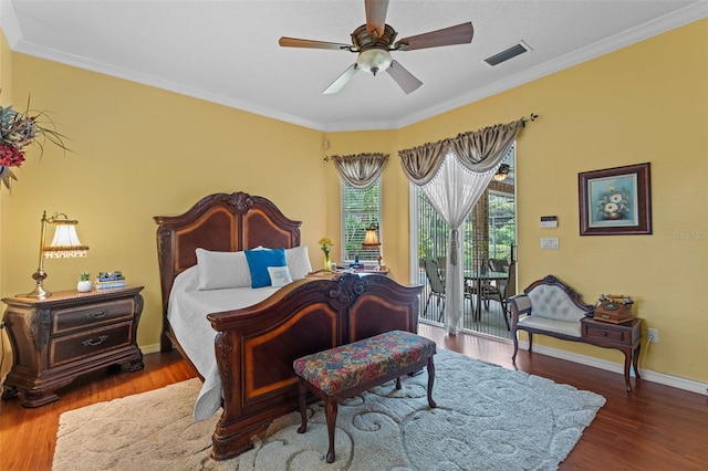 11613 Swift Water Cir, Orlando, FL 32817 - bedroom featuring access to outside, crown molding, wood finished floors, and a ceiling fan