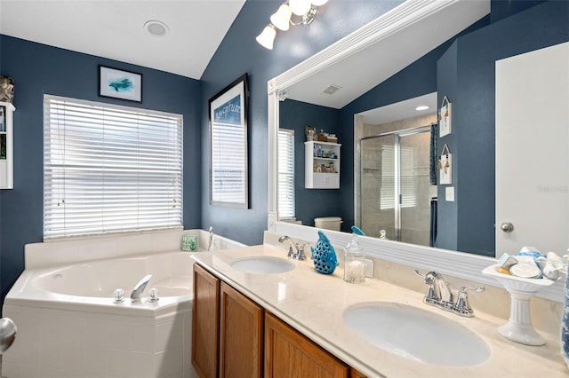 1048 Woodsong Way, Clermont, FL 34714 - bathroom featuring lofted ceiling, a bath, a stall shower, and double vanity