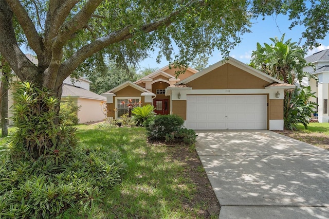 1048 Woodsong Way, Clermont, FL 34714 - view of front of home with a garage, concrete driveway, stucco siding, and a front yard