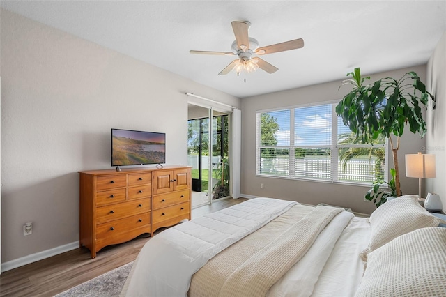 594 Hernando Pl, Clermont, FL 34715 - bedroom with wood finished floors, access to exterior, and a ceiling fan