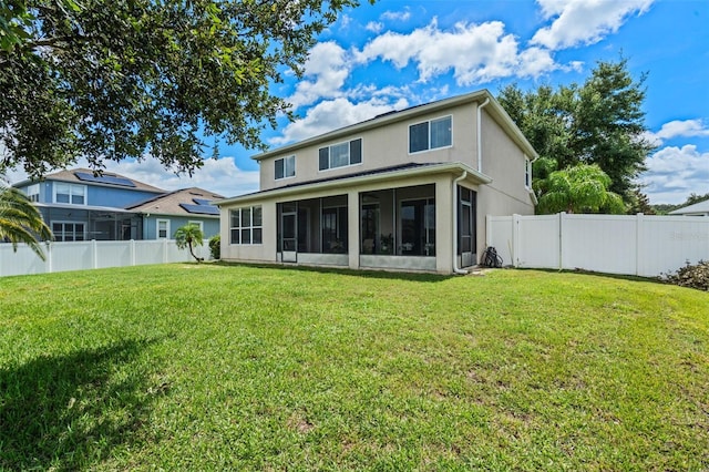 594 Hernando Pl, Clermont, FL 34715 - back of house with a sunroom, a fenced backyard, and stucco siding