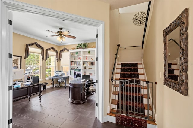 8424 Lake Burden Cir, Windermere, FL 34786 - office space featuring a ceiling fan, crown molding, and dark tile patterned floors