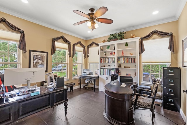8424 Lake Burden Cir, Windermere, FL 34786 - office space with a ceiling fan, recessed lighting, and crown molding