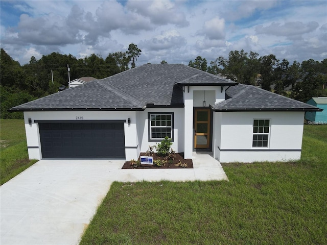 572 W Bluster Pl, Citrus Springs, FL 34434 - view of front of house with roof with shingles, a garage, stucco siding, a front yard, and driveway