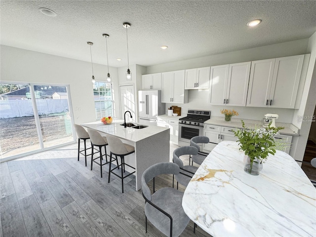 572 W Bluster Pl, Citrus Springs, FL 34434 - kitchen featuring stainless steel appliances, light wood finished floors, a center island with sink, a kitchen breakfast bar, and white cabinets