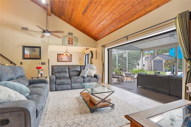 1035 Paladin Ct, Orlando, FL 32812 - living room featuring a ceiling fan, tile patterned flooring, wooden ceiling, a sunroom, and high vaulted ceiling