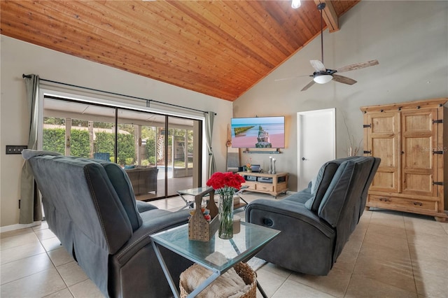 1035 Paladin Ct, Orlando, FL 32812 - living room with light tile patterned floors, high vaulted ceiling, wooden ceiling, and ceiling fan