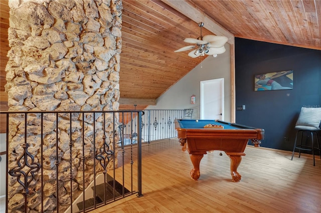 1035 Paladin Ct, Orlando, FL 32812 - playroom featuring a wooden ceiling with exposed beams, ceiling fan, wood finished floors, billiards table, and high vaulted ceiling