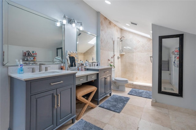 1035 Paladin Ct, Orlando, FL 32812 - bathroom featuring two vanities, a stall shower, lofted ceiling, tile patterned floors, and recessed lighting