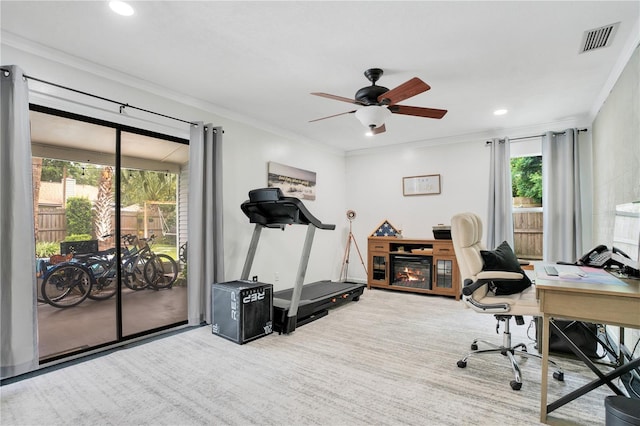 1035 Paladin Ct, Orlando, FL 32812 - home office featuring ornamental molding, a ceiling fan, recessed lighting, and carpet floors