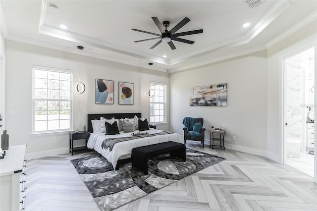 18623 Tunbridge St, Orlando, FL 32833 - bedroom featuring a tray ceiling, multiple windows, crown molding, ensuite bath, and recessed lighting
