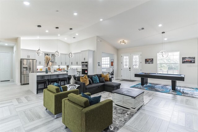 18623 Tunbridge St, Orlando, FL 32833 - living area featuring recessed lighting, billiards, and high vaulted ceiling