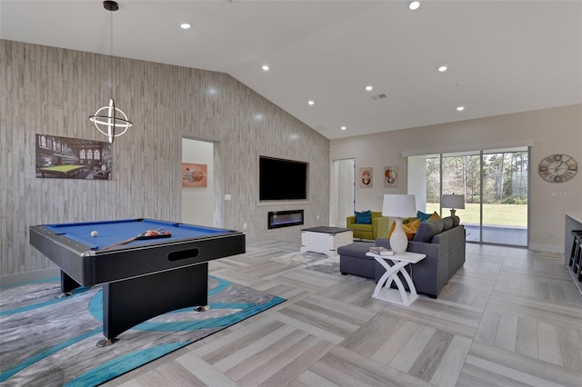 18623 Tunbridge St, Orlando, FL 32833 - playroom featuring a fireplace, high vaulted ceiling, recessed lighting, pool table, and an accent wall
