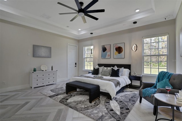 18623 Tunbridge St, Orlando, FL 32833 - bedroom featuring a raised ceiling, ornamental molding, recessed lighting, and ceiling fan