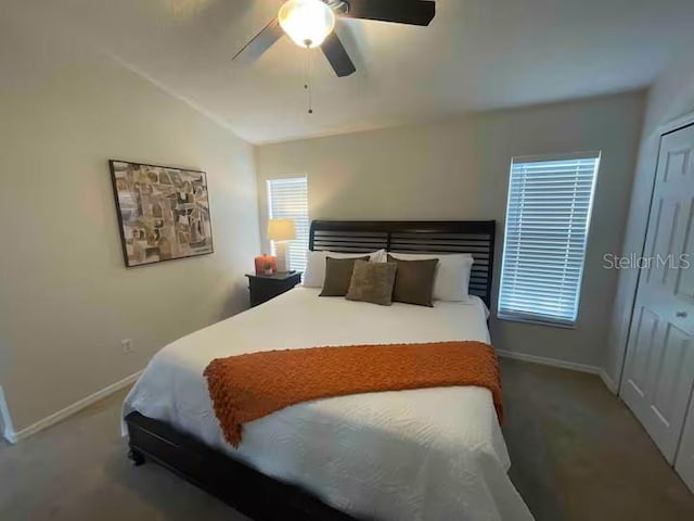 8071 Roaring Creek Ct, Kissimmee, FL 34747 - carpeted bedroom with ceiling fan, lofted ceiling, and a closet