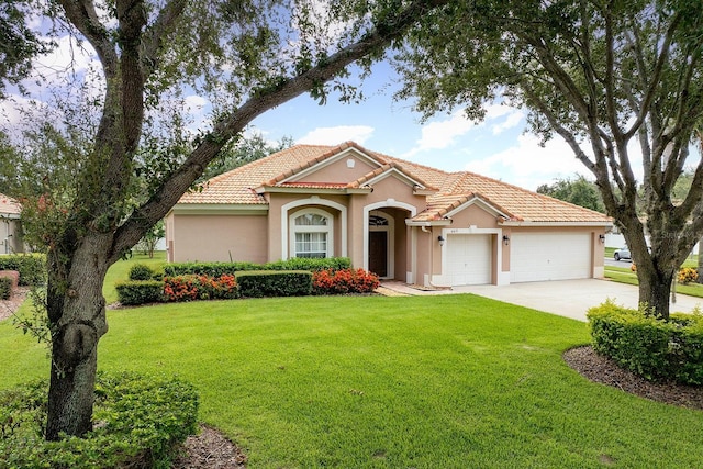 6631 Crestmont Glen Ln, Windermere, FL 34786 - mediterranean / spanish-style house with stucco siding, an attached garage, a tile roof, and a front lawn