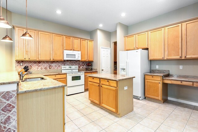 6631 Crestmont Glen Ln, Windermere, FL 34786 - kitchen featuring white appliances, light tile patterned floors, light stone counters, tasteful backsplash, and pendant lighting