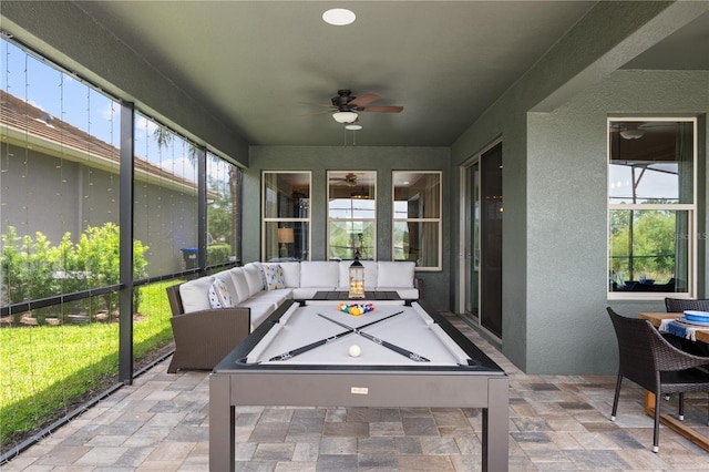 10180 Merrymeeting Bay Dr, Winter Garden, FL 34787 - sunroom featuring a ceiling fan, an outdoor living space, and billiards table