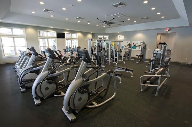 10180 Merrymeeting Bay Dr, Winter Garden, FL 34787 - exercise room featuring plenty of natural light, a raised ceiling, and recessed lighting
