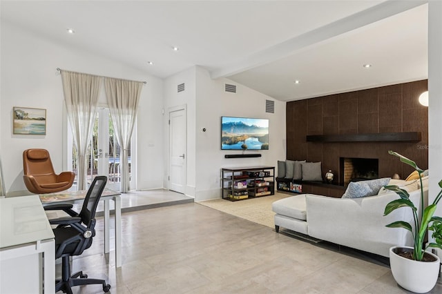 213 Phillips Pl, Orlando, FL 32806 - living area with a large fireplace, recessed lighting, high vaulted ceiling, and beam ceiling
