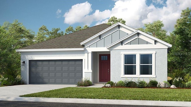 5277 Bowspirit Way, Saint Cloud, FL 34771 - view of front of house featuring a garage, driveway, a front lawn, roof with shingles, and stucco siding