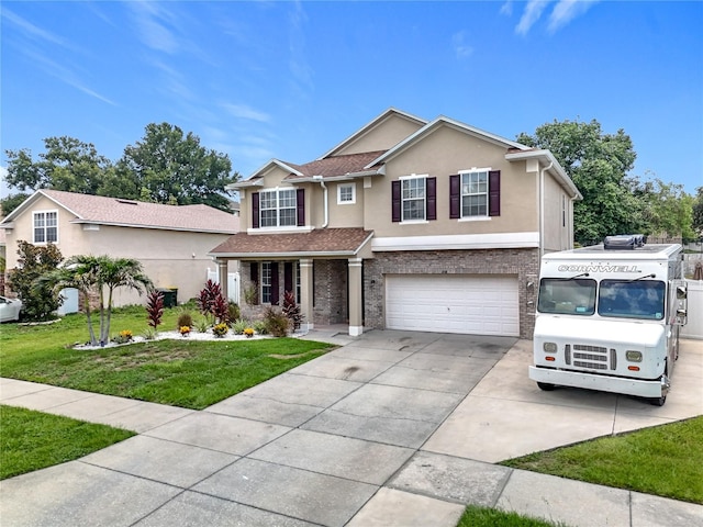 238 Hunt St, Clermont, FL 34711 - traditional home with stucco siding, a front lawn, driveway, a garage, and a porch