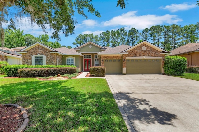 1818 W Cobblestone Ln, Saint Augustine, FL 32092 - single story home with a garage, a front lawn, driveway, and french doors