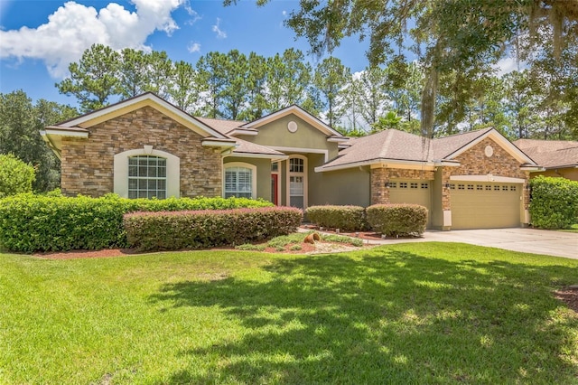 1818 W Cobblestone Ln, Saint Augustine, FL 32092 - view of front of house featuring stone siding, a garage, a front yard, concrete driveway, and stucco siding