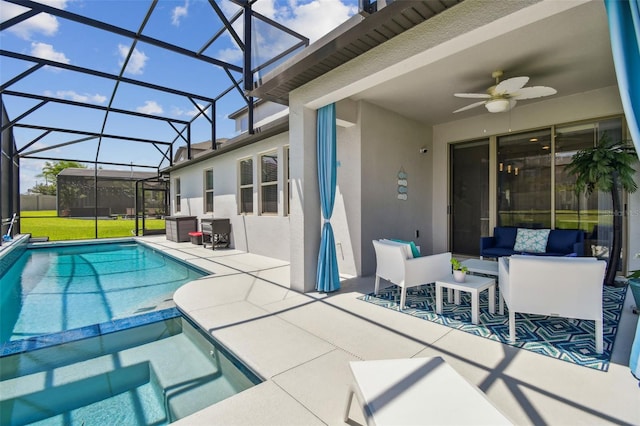 2433 Santa Vista Loop, Apopka, FL 32703 - view of swimming pool with a patio area, an outdoor hangout area, ceiling fan, a pool with connected hot tub, and a lanai