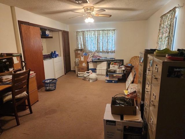 201 N Hart Rd, Geneva, FL 32732 - office space featuring washer and dryer, ceiling fan, light carpet, and a textured ceiling
