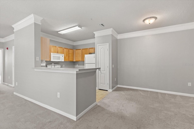 8842 Villa View Cir Unit 207, Orlando, FL 32821 - kitchen featuring white appliances, light colored carpet, crown molding, light countertops, and a peninsula