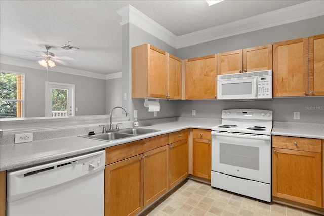 8842 Villa View Cir Unit 207, Orlando, FL 32821 - kitchen with white appliances, ornamental molding, light countertops, and ceiling fan