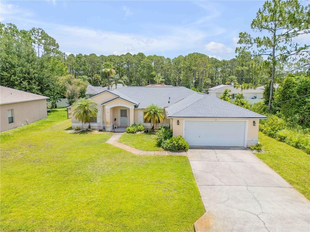 19 Potters Ln, Palm Coast, FL 32164 - ranch-style home featuring concrete driveway, an attached garage, stucco siding, and a front yard