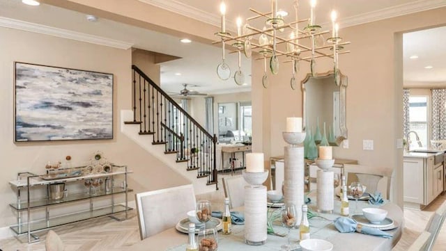 5295 Bowspirit Way, Saint Cloud, FL 34771 - dining space featuring plenty of natural light, stairway, crown molding, a ceiling fan, and recessed lighting