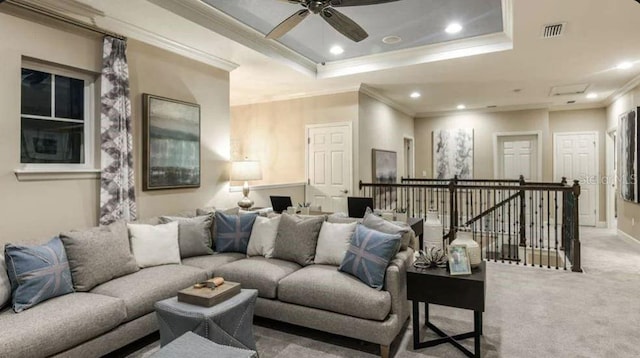 5295 Bowspirit Way, Saint Cloud, FL 34771 - living area with ornamental molding, carpet floors, a ceiling fan, recessed lighting, and a tray ceiling