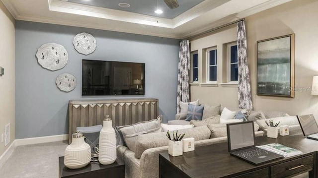 5295 Bowspirit Way, Saint Cloud, FL 34771 - carpeted living room with crown molding and a tray ceiling