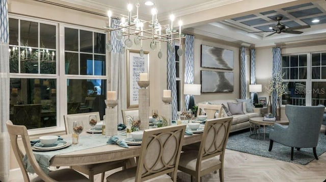 5295 Bowspirit Way, Saint Cloud, FL 34771 - dining room with ornamental molding, a chandelier, a ceiling fan, and coffered ceiling