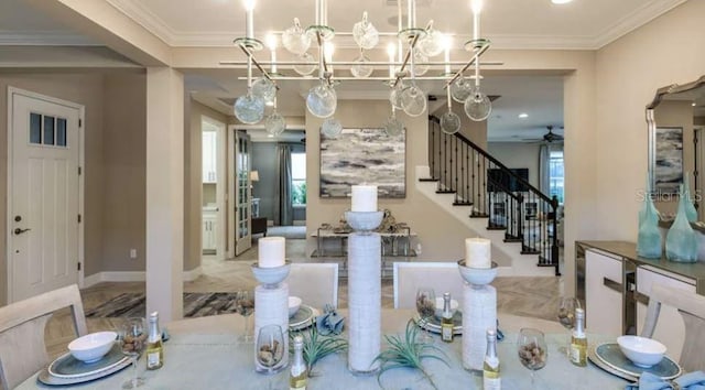 5295 Bowspirit Way, Saint Cloud, FL 34771 - dining area with crown molding, stairs, a chandelier, and ceiling fan