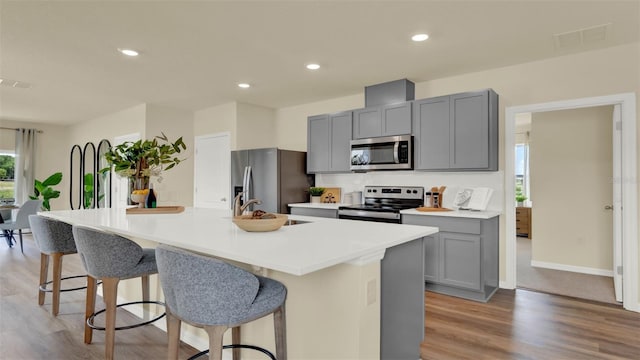 5650 Paddock Fence Ln, Apopka, FL 32712 - kitchen with appliances with stainless steel finishes, gray cabinets, light wood-style floors, a kitchen bar, and a center island with sink