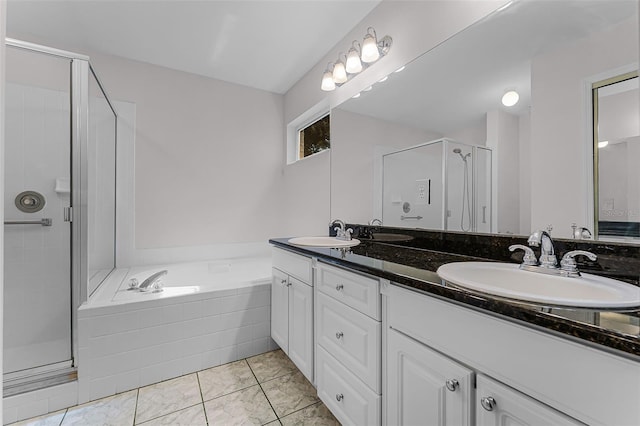 1326 Hampshire Place Cir, Altamonte Springs, FL 32714 - bathroom with a shower stall, double vanity, a garden tub, and marble finish flooring