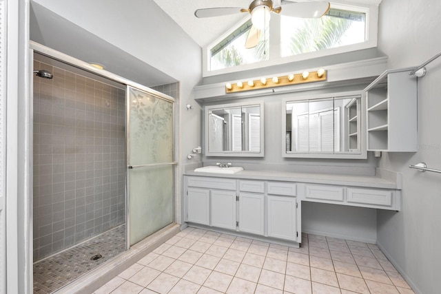 9001 New Orleans Ct, Orlando, FL 32818 - bathroom featuring vaulted ceiling, a stall shower, tile patterned floors, a ceiling fan, and vanity