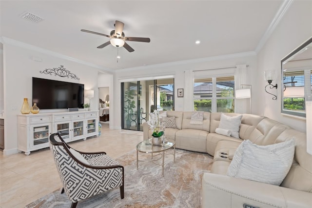 2338 Clemblue Rd, Clermont, FL 34715 - tiled living area with ceiling fan, ornamental molding, and plenty of natural light