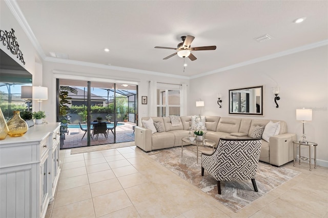 2338 Clemblue Rd, Clermont, FL 34715 - living room featuring ceiling fan, light tile patterned floors, ornamental molding, and recessed lighting