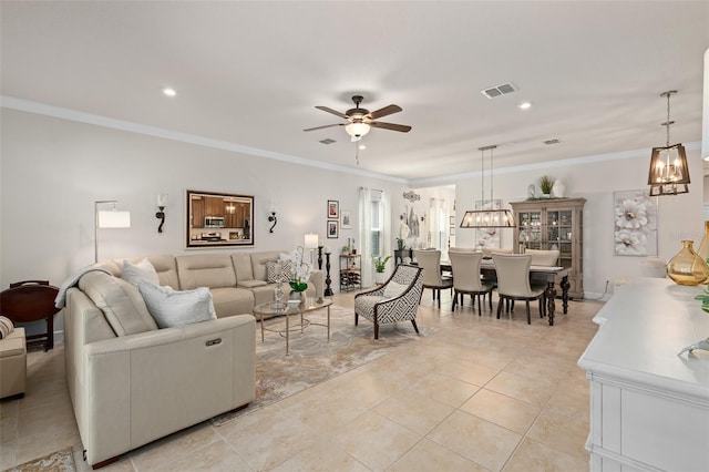 2338 Clemblue Rd, Clermont, FL 34715 - living room with a chandelier, light tile patterned floors, crown molding, a ceiling fan, and recessed lighting