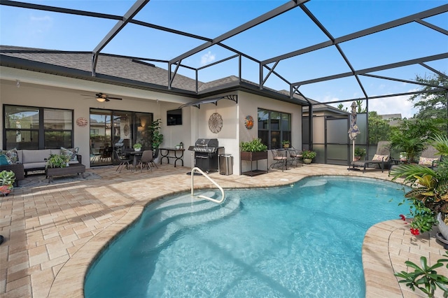 2338 Clemblue Rd, Clermont, FL 34715 - outdoor pool featuring a patio area, an outdoor hangout area, area for grilling, and a ceiling fan