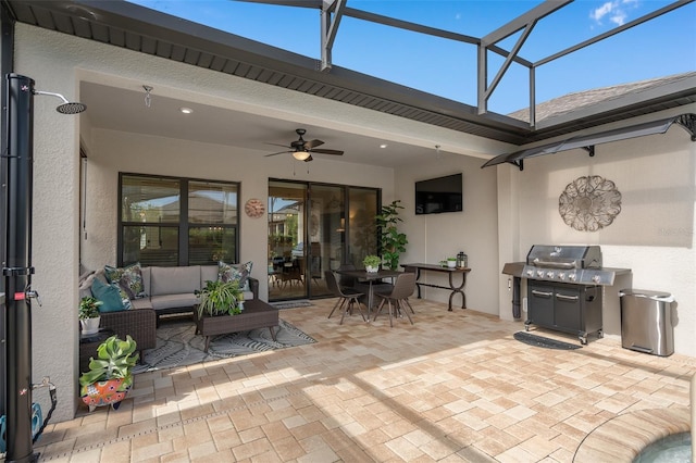 2338 Clemblue Rd, Clermont, FL 34715 - view of patio / terrace featuring ceiling fan, an outdoor hangout area, glass enclosure, area for grilling, and outdoor dining area
