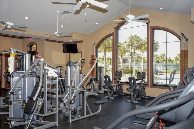 2338 Clemblue Rd, Clermont, FL 34715 - gym featuring ceiling fan, lofted ceiling, and recessed lighting