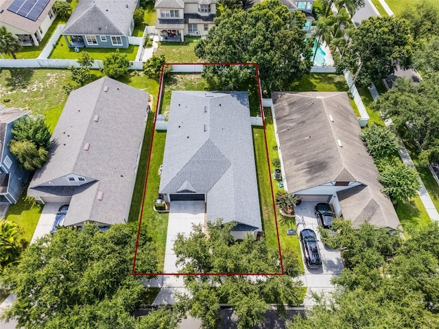 6539 Chagford Ln, Windermere, FL 34786 - aerial perspective of suburban area with property boundaries highlighted and a pool