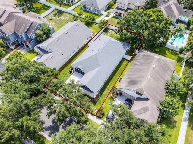 6539 Chagford Ln, Windermere, FL 34786 - aerial perspective of suburban area with property parcel outlined and a pool area