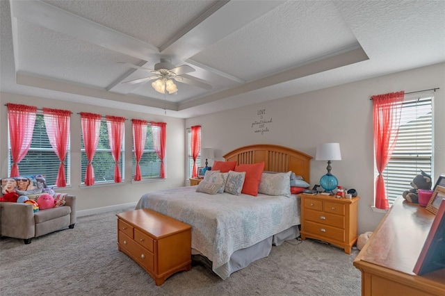 1005 Thunderhead Ln, Minneola, FL 34715 - bedroom with a textured ceiling, light carpet, coffered ceiling, ceiling fan, and beam ceiling